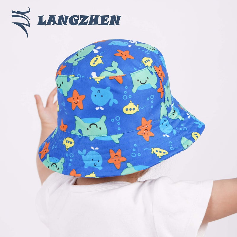 LANGZHEN Sun Protection Hat for Kids Toddler Boys Girls Wide Brim Summer Outdoor hat Baby Bucket Hat with Chin Strap (Blue-Whale, M: 1T-2T (50cm /19.7")) - Image 3